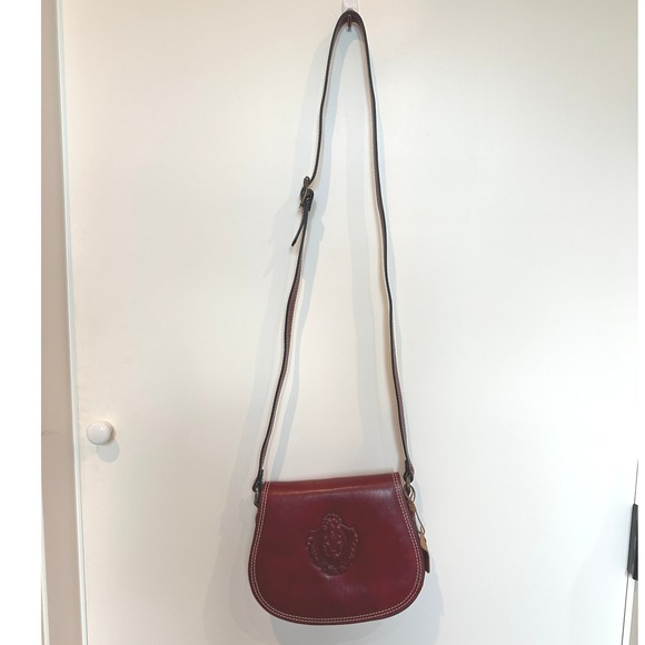 Florence Made in Italy Leather Crossbody Bag Burgundy Embossed Fleur de Lis - Picture 3 of 6